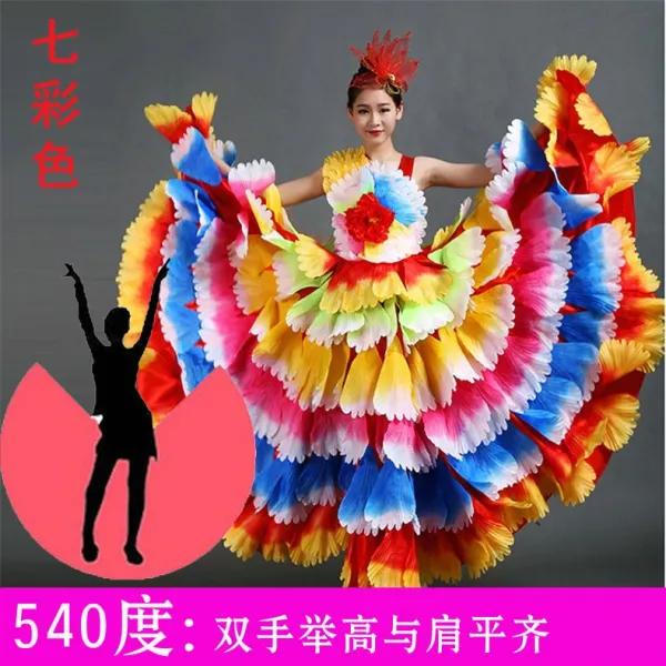 댄스복 2019개막춤 플레어치마 공연 무용복 꽃이핀다 성세 무대 백댄서 성인 원피스, C09-칠색 540치마꼬리