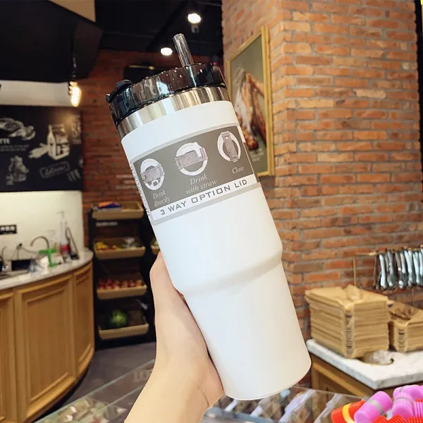 고 퀄 리 티 대 용량 스 테 인 리 스 스틸 텀 블 러 빨대 우유 커피 베 이 직 인 스 아이디어 남 여사 학생 물컵 개성 심 플 실 용적 흰색 (라 지 890 ml) 컵 + 빨대