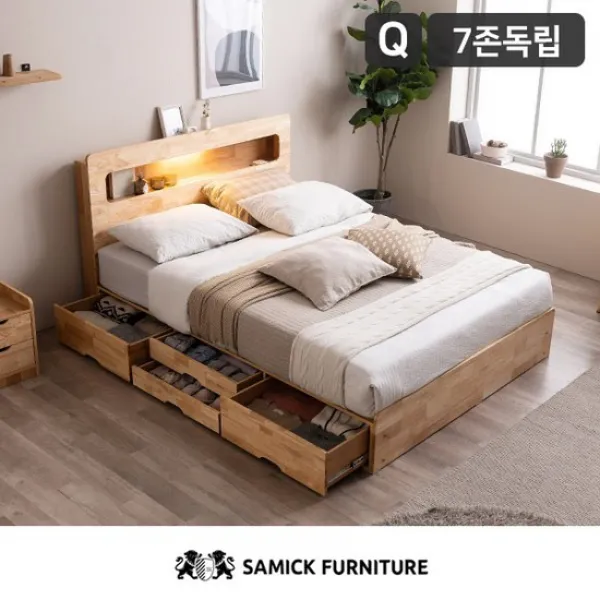 삼익가구 마레 LED 4단 수납 원목 침대 YS 7존 독립스프링 매트리스-퀸/착불배송, 내추럴