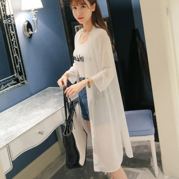 Zoneshop 여성 쉬폰 로브 롱 여름 가디건 빅사이즈 무지 코트x6 527325240021_rqpc