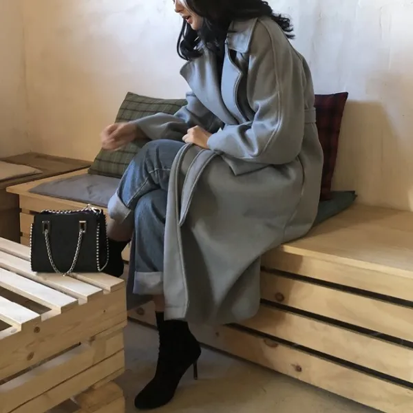 어머라샵 울 오버핏 모직 허리끈 롱코트