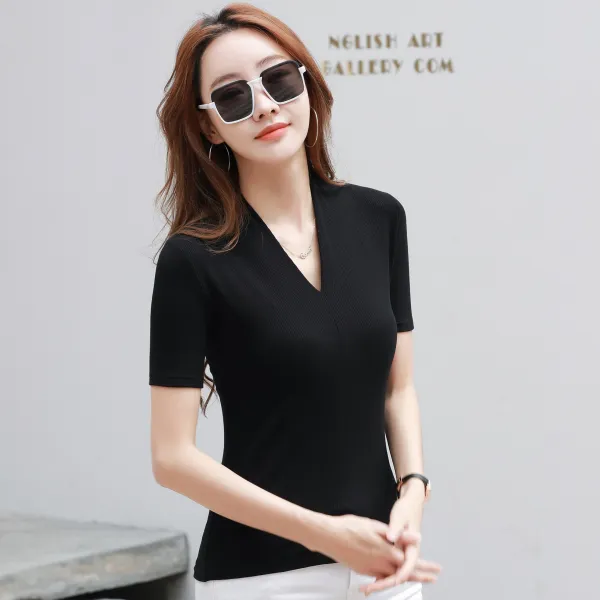 미녹지구 2022 NEW 여성 브이넥티셔츠 반팔티 프렌치 리브 슬림핏 캐주얼 브이넥 반팔 티셔츠 순면 제작 아가씨 언니 아주머니에게 잘 어울려요 실내 야외 착용