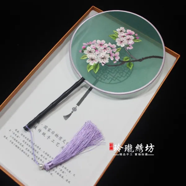 부채 SUXIU자수 둥글 수공업 양면 긴자루 중식 결혼식 한나라의복 사진촬영 원형 춤, T17-바이올렛, 기본