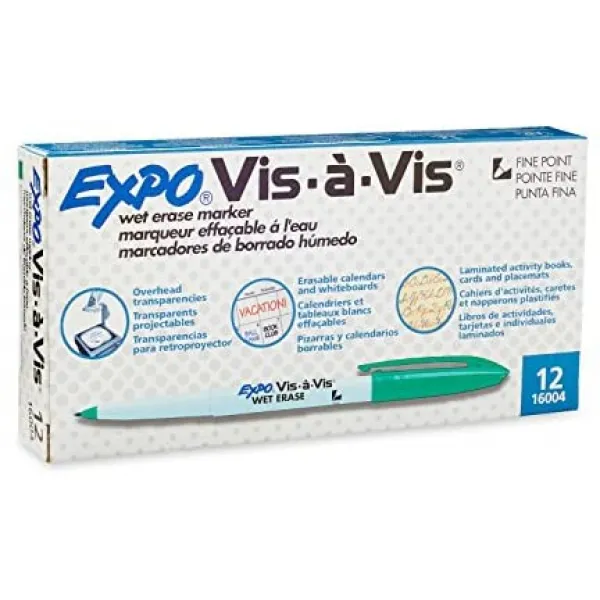 [해외직구]EXPO Vis-A-Vis 습식 오버 헤드 투명도 마커 정밀 팁 12 카운트 녹색, 1개, Green