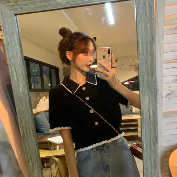 [해외 직송]다소미얼 여 티 셔츠 상의 디자인 봄 옷으로 갈아입고 소수파용 반팔 니트 짧은 녀가 있다 QH42 A28