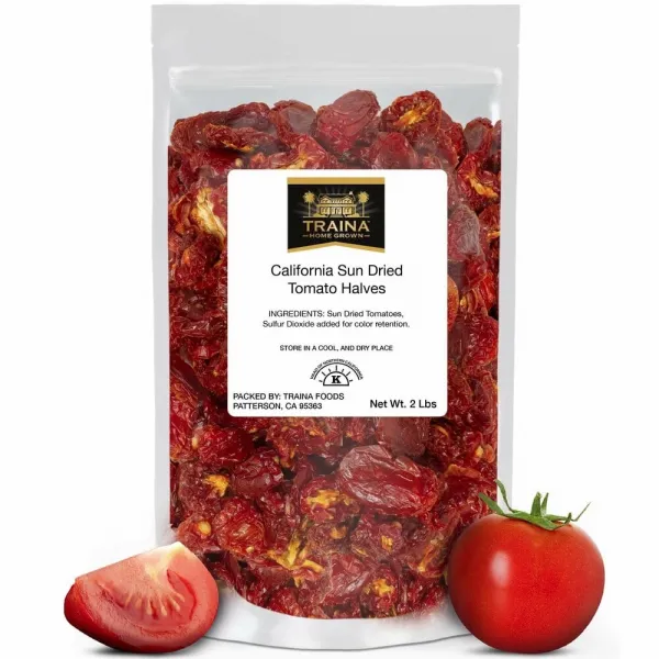 말린토마토 Traina Home 자란 캘리포니아 썬 드라이 토마토 반쪽-비 GMO 글루텐 프리 코셔 인증 재 밀봉 가능한 가방에 포장 (2 파운드), 1개, 1