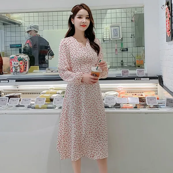 에이프릴래빗 가을 여성 브이넥 프린팅 플라워 슬림 쉬폰 스커트 롱 20se91