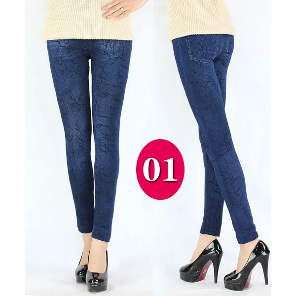 여자골덴바지 가을겨울용 고탄력 프린팅 털추가 바지 밴딩 모방 데님 레깅스 타이트 중년 슬림핏