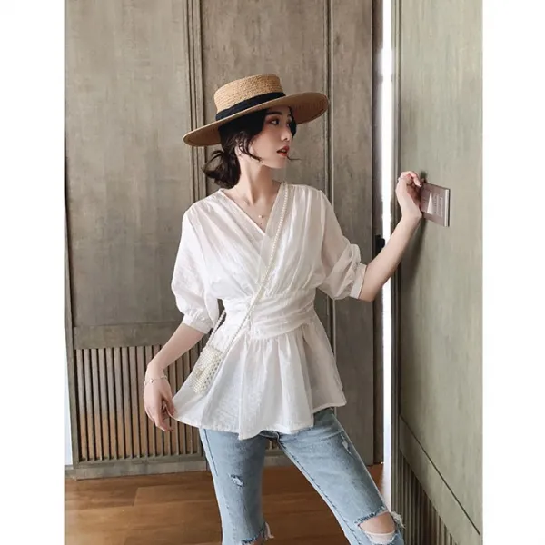 블랙바바 여성 브이넥 퍼프 소매 블라우스a19052918