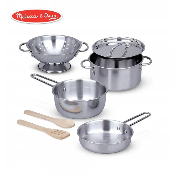 Melissa & Doug [WHATBOX] Lets Play House! Stainless Steel Pots Pans Set 멜리사 앤 더그 어린이용 스테인리스 냄비 및 프라이팬 놀이세트 8개) 주방놀이