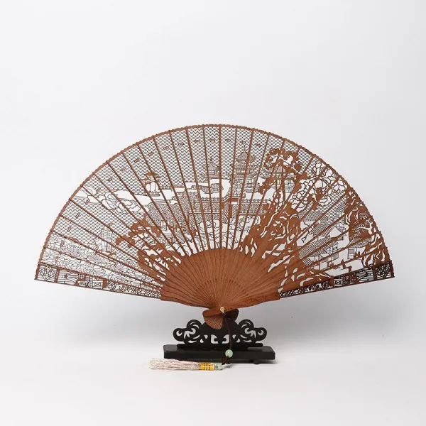 테필라 빈티지소품 펀칭 차이나 단향부채 쑤저우시 선물 완상 공예품 단향목 나무 접이식, 명승고적 -선경 （선물  _부채틀 ）