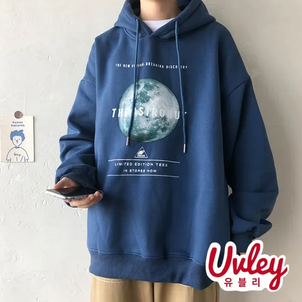 유블리 남성 루즈핏 후드 티셔츠 3color 달 프린팅 포인트 오버핏 티 캠퍼스룩 캐주얼룩(UV046WD) 후드티