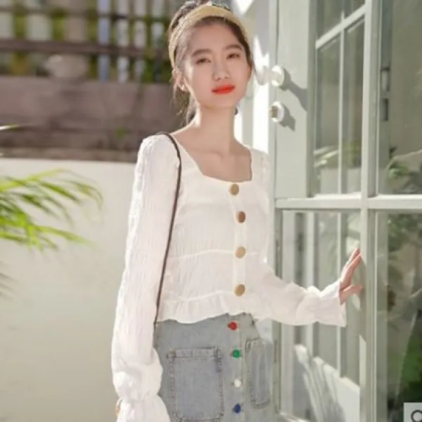 [O]셔링 프릴넥 화이트 셔츠
