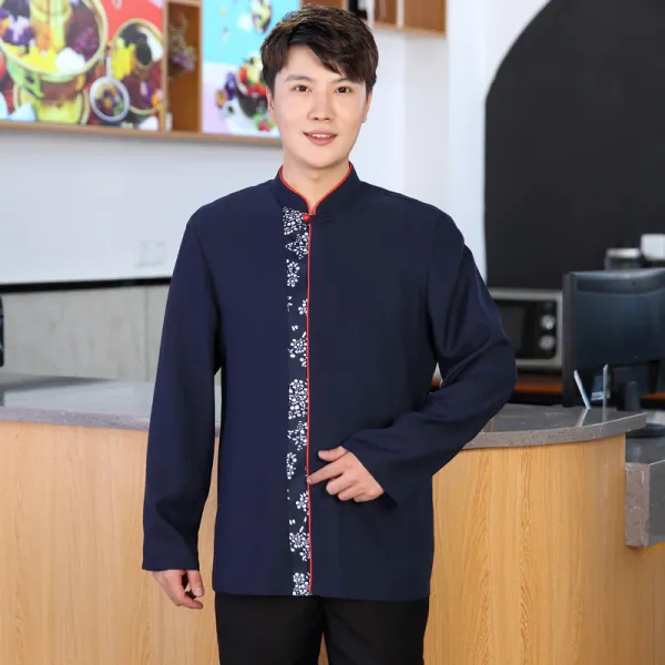 농가악 작업복 긴 소매 여성 플라워 에스닉 풍전등화솥 음식점 음식 호텔 복무원 겨울 가을 옷 남녀, L 남성 숨기다 블루