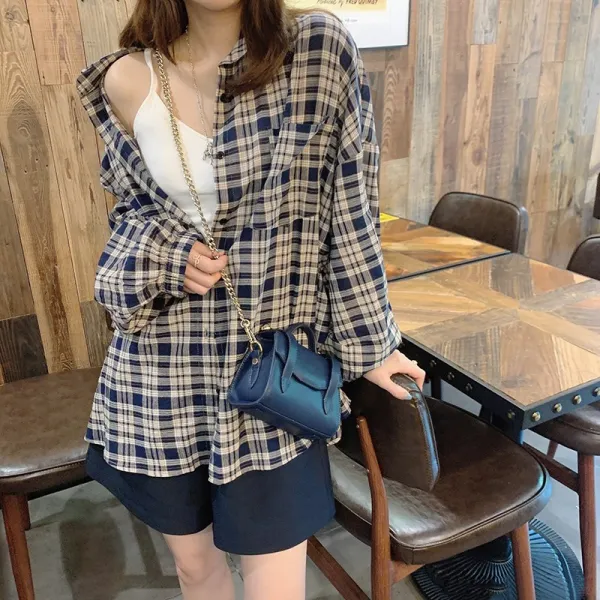 여MOMO 디자인 감각 보이핏 볼륨 클래식 홍콩무드 셔츠 체크 레쉬셔츠 호응함 계절