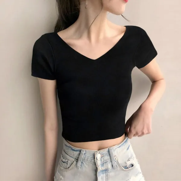 봉쥬애리 브이넥반팔티 드랜드 숏 t셔츠 여하 보이핏 볼륨 재즈댄스 슬림 매너 상의 여성의류
