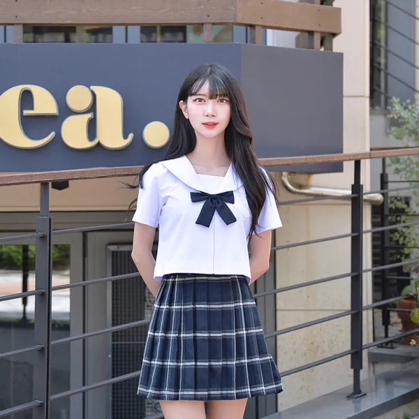 [교복몰] 인디고 마린 체크 일본여고생 세라복 세트 (반팔)