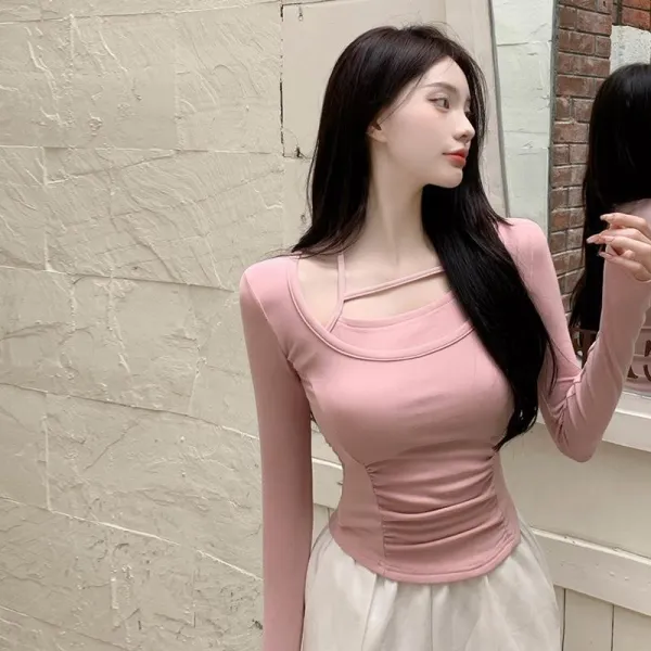 핑크티셔츠 오픈숄더 숏 여성 초 봄옷 2022 타입 디자인감각 보이핏 볼륨 순욕 슬림 상의 3924124720
