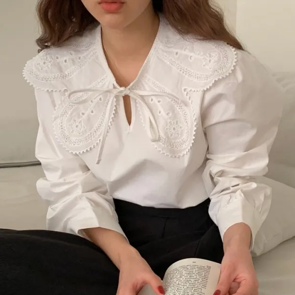 양량가 달콤하다 감령 특이하다 인형 넥타이 리본 펀칭 갈고리 꽃 거품 소매 헐렁하다 순색 셔츠 상의 여자