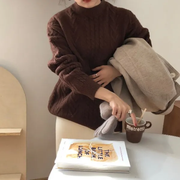 PAPER 빅사이즈 유이일의 손수 뚱뚱함 누이동생 융털 꽈배기트 여성 겨울폼 와이드 루즈핏 두꺼운 스웨터