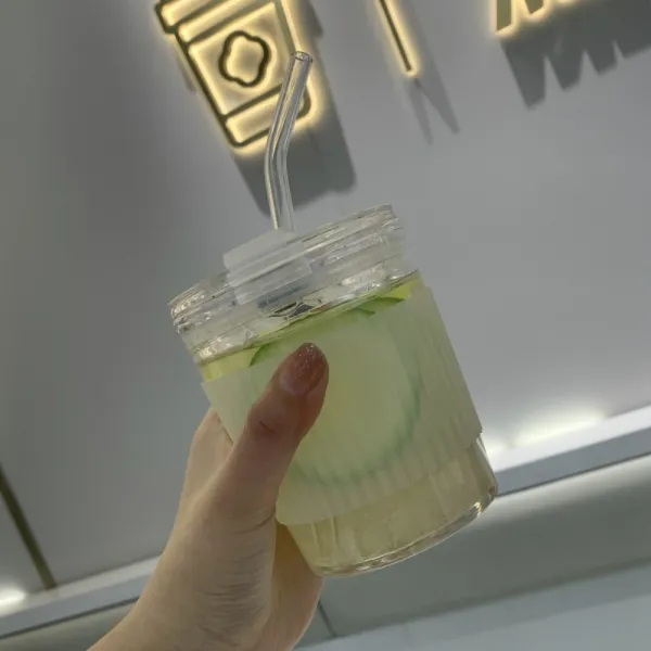 유리 빨대컵 밀크커피잔 밀크티컵 물잔 휴대용 텀블러 컵 머그 잔, A（빨대랜덤）
