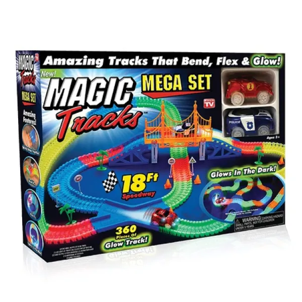 Ontel Magic Tracks Mega Set-2 개의 LED 경주 용 자동차와 어두운 경마장에서 18 피트의 유연하고 구부릴, 한 가지 색