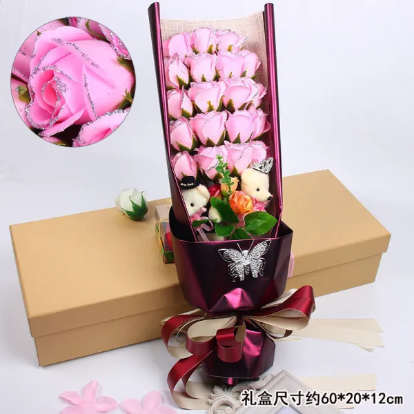 칠석 발렌타인데이에 여친 마누라 선물 창의적 생일선물 여자 장미 비누 꽃다발 낭만, 19겹곰금박 핑크