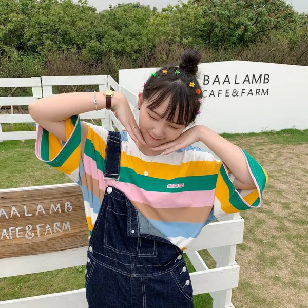 통큰마켓 핫타임 여자 스트라이프 오버핏 반팔티 반팔 티셔츠