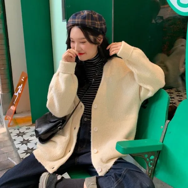 히트라고 여성 가을 겨울 루즈핏 베이직 니트 가디건 Kyw