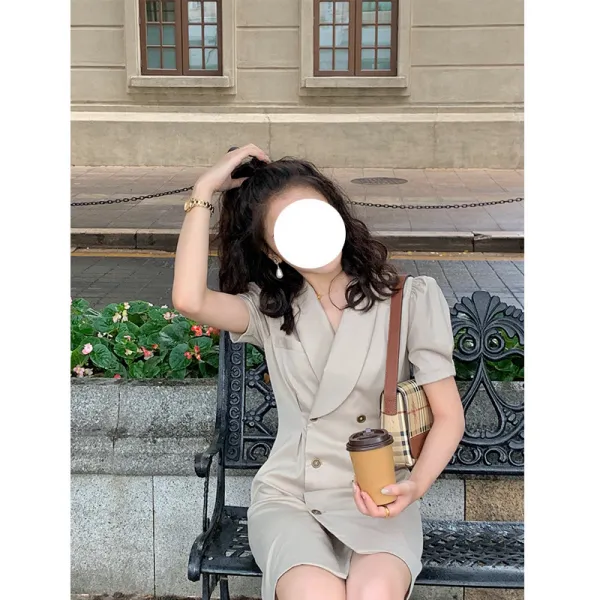 정장원피스 2021뉴타입 빈티지 정장스커트 여성여름 허리밴딩 날씬해보이는 스타일 출퇴근 gao격감 벌룬소매 원피스트렌드