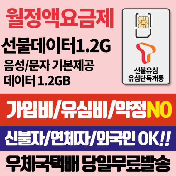 SK 선불유심 선불데이터2.2G 유심비 가입비무료 신용연체자개통가능 우체국택배, 데이터1.2G, SK선불유심