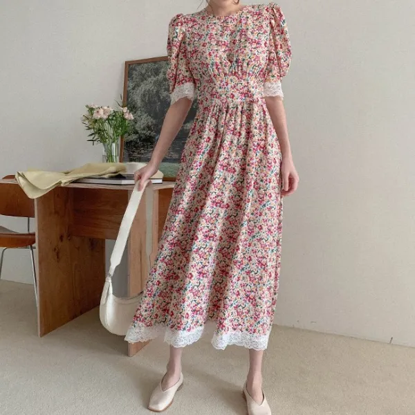 체리빌레 이쁘니등극 쉬폰 퍼프 레이스 플라워 롱원피스