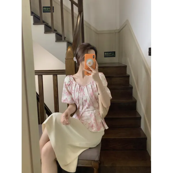 필젠 매우기쁘다 손수 루브르 궁전 여성 하프기장 허리보정 보여 슬림 롱 소박 고상한 기풍 반팔