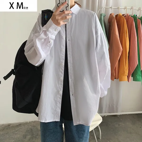 Ulzzang 셔츠 남학생 문예 순색 계열 보석 블루 insbf 慵 게으름 여 코트 동정, 화이트