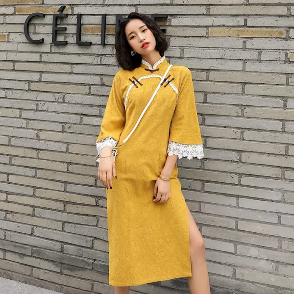 긴팔원피스 긴소매드레스 차이나 소녀 치파오 겨울 가을 젊은 클래식 민국 쓰러지다 빅 리폼 판 미드 롱