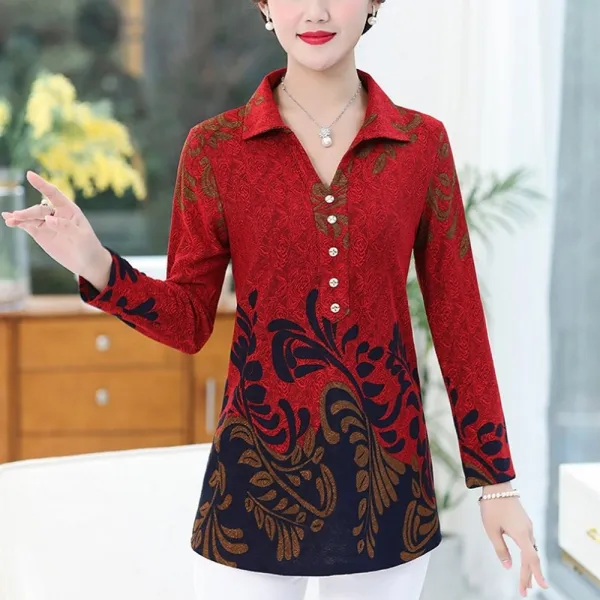 S 중년 여성 마담 4060 프린트 니트 긴팔 티셔츠 블라우스 엄마옷 Hhsixelevencaeb08a