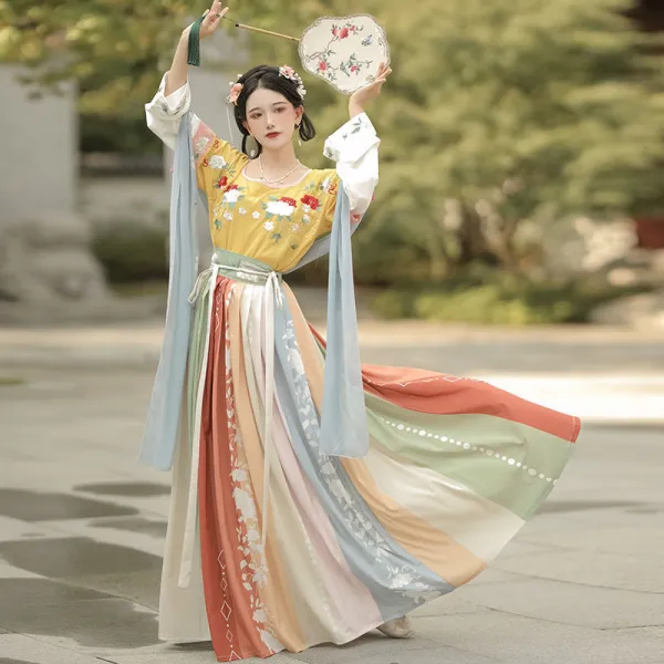 오리지널제작 모란 부 중국한복 여성 평탄함 넥 가을 허리일치 꽃자수 등거리 원턱 양식 속치마