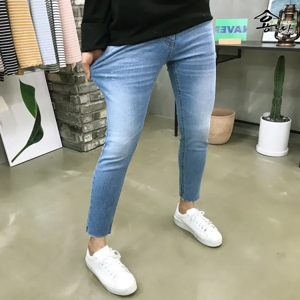 용된다 중청 일자 슬림핏 밑단컷팅 남자 봄 데님팬츠