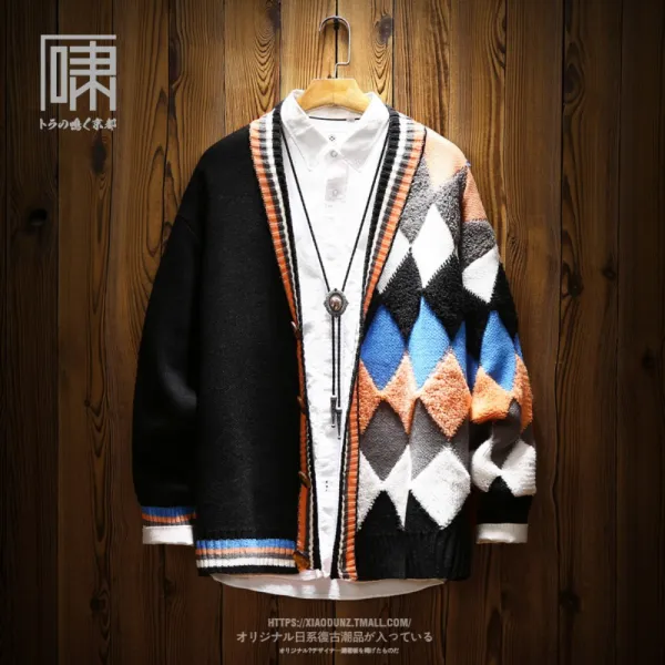 남자 아가일 가디건 니트 코디 아우터 오버핏 자켓 커플 롱 로브 봄 브이넥