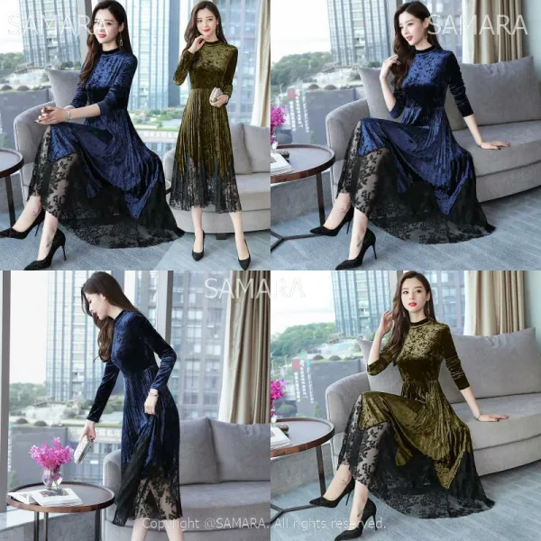 Qterra 특허브랜드 미디 빅사이즈 A라인 롱원피스 벨벳 슬림핏 원피스