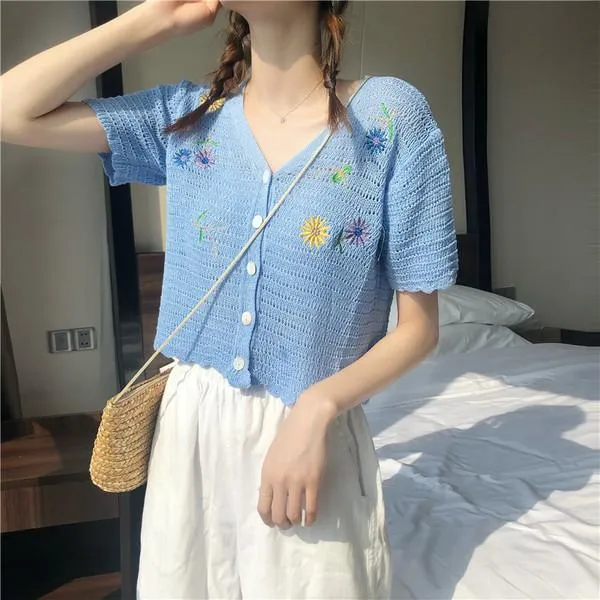 브이넥 여름 레이스 자수 크롭 니트반팔가디건 여름꽃