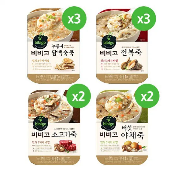 [총 10개입/280g] 비비고 닭백숙3+전복3+버섯야채2+소고기죽2, 상세설명 참조, 없음
