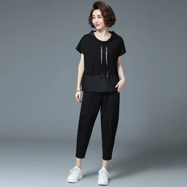 200호 부인 여름옷 서구식 푸짐 사이즈 블랙 슬림 반팔 티셔츠 여 중년