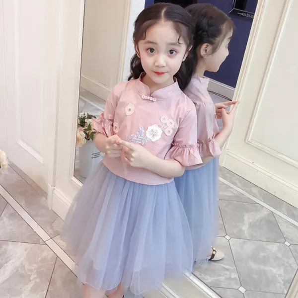 샤오완판 아동복 여아동 원피스 세트 2019 봄여름 신상 양풍개량 한복 중국풍 치파오 아동치마 2 종 세트 여름옷 핑크 140 사이즈, 단일상품