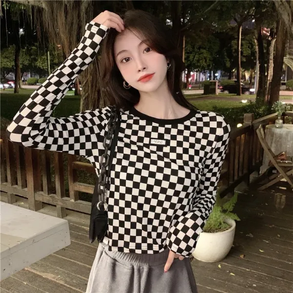 신상 레깅스 바둑판 체크 반팔 라운드 티셔츠 트렌드들어가다