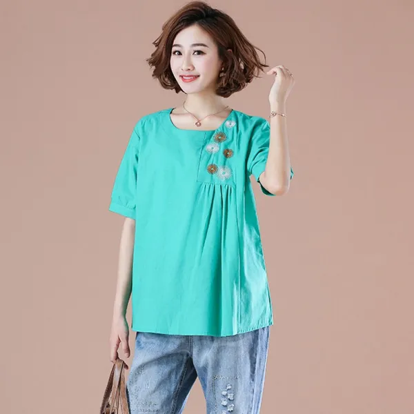 패션이루 미시 반팔 린넨 블라우스 스퀘어넥 캐주얼 루즈핏 면