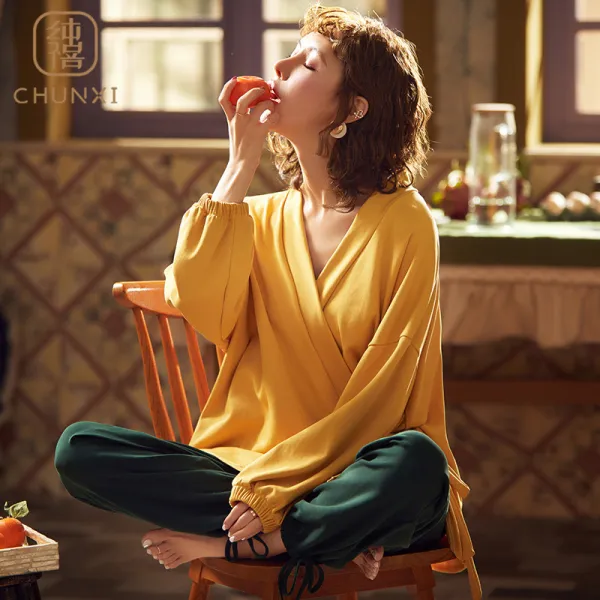 DIPYLON 여성 유카타 잠옷 파자마여 춘추순면긴팔한판선한세트귀여운여름과일식외복가운