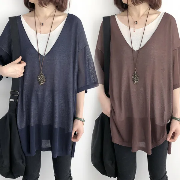 아이엠몽 여성 루즈핏 반팔 칠부 빅사이즈 니트 티셔츠 Bb228024hm 투고 반팔티셔츠