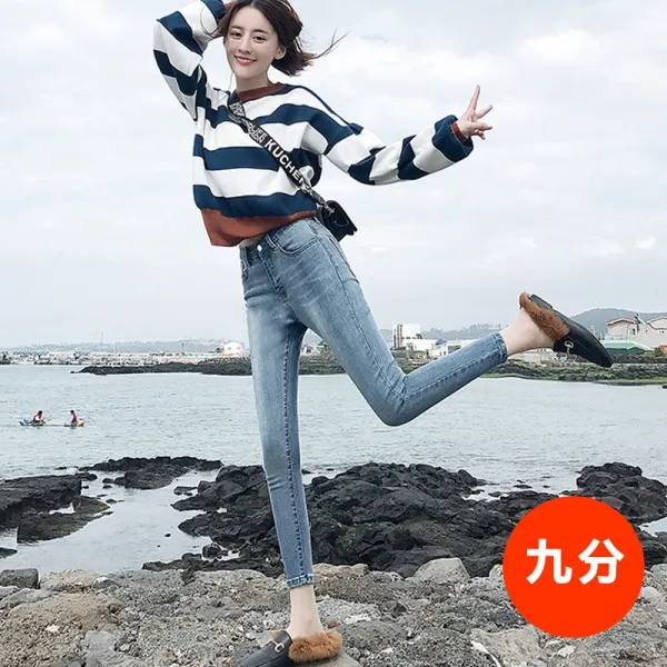 블랙 디스트로이드 흐물흐르다 청바지 여성 트렌드 봄옷 작은 키 8부 하이웨이스트 날씬해 보이고 스키니 구걸다