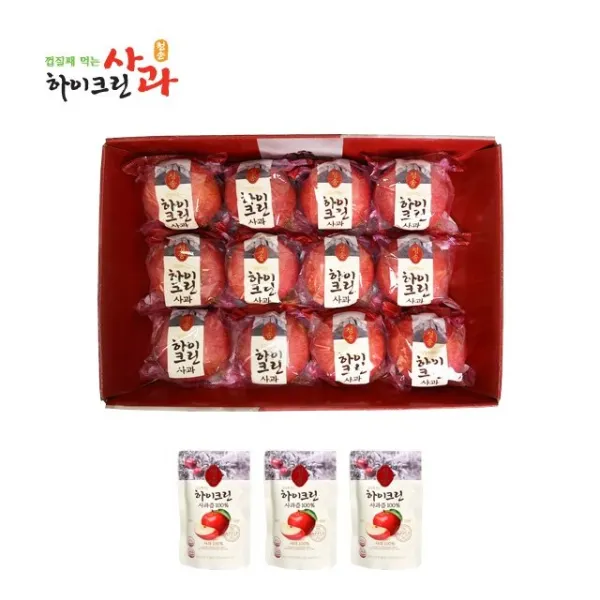  쇼핑엔티 선택1 청송_당도선별 하이크린 껍질째 먹는 세척사과 3kg 8~12과 1과당 250g 이상 X 1box+ 사과주스 120mlx3팩 기타 기타